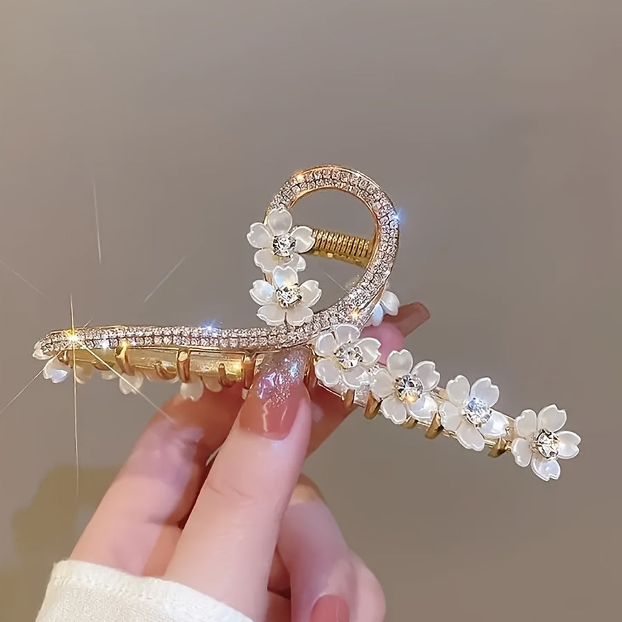 Large Hair Claw Clip Camellia & Rhinestones Non slip Hair Clip Women Girls