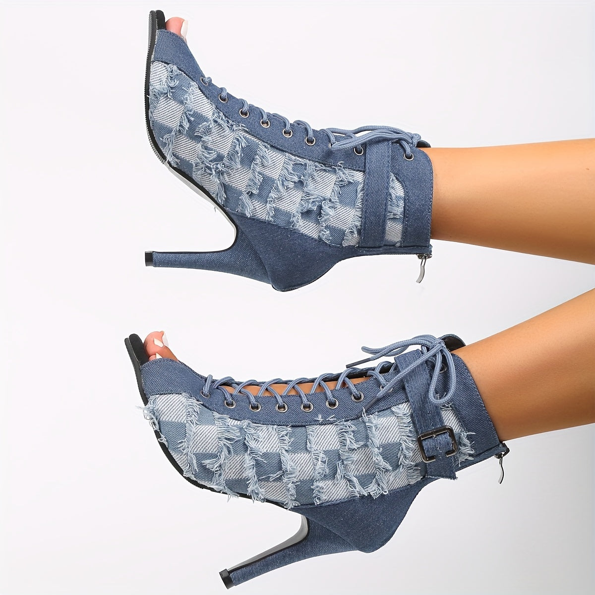 Women's Denim Plaid Stiletto Heels Peep Toe Pumps