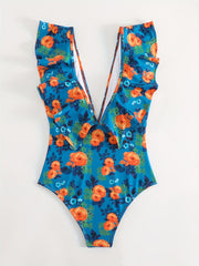 Floral Print Deep V Neck One Piece Swimsuit Ruffle Trim Vintage Style