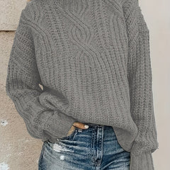 Plaid Cable Knit Sweater Long Sleeve Turtle Neck Pullover