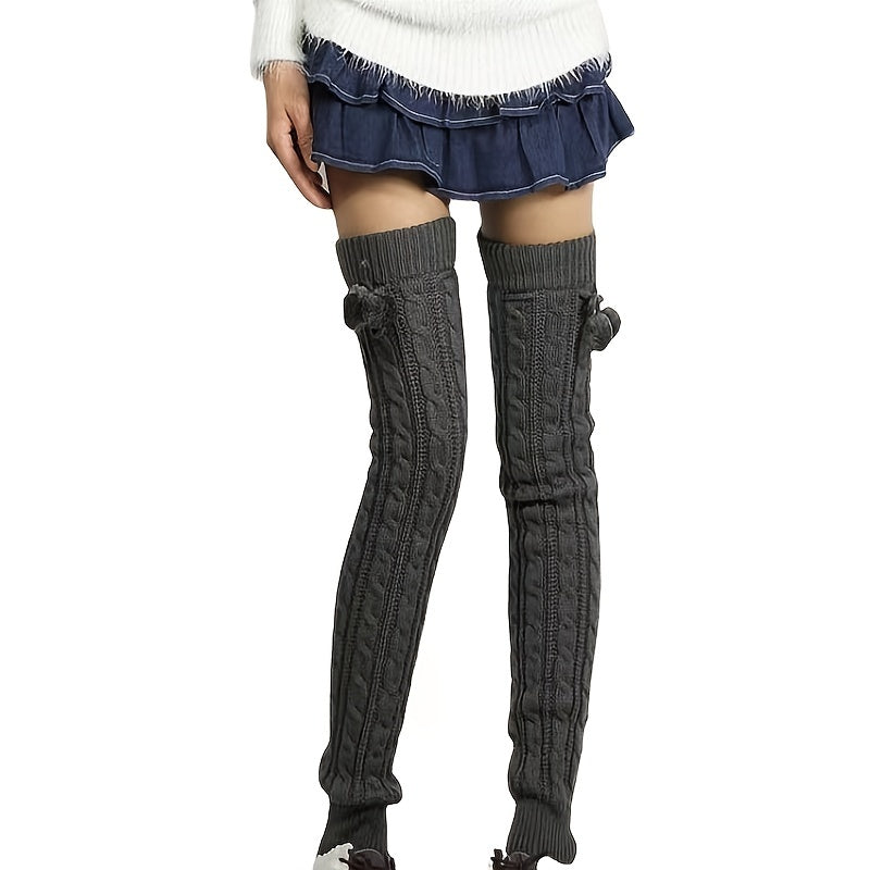 Ribbed Knit Thigh High Leg Warmers With Pom Poms Women's Stockings