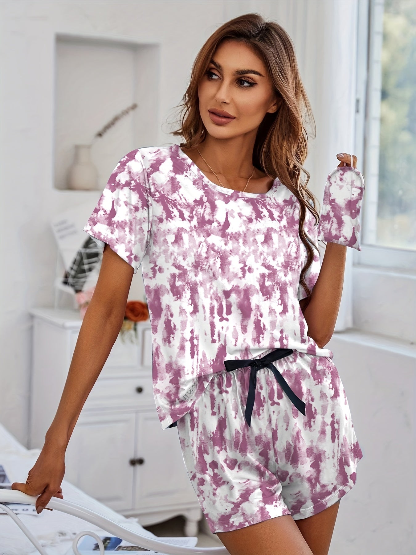 Tie Dye Pajama Set Crew Neck Top & Shorts Women's Sleepwear
