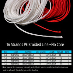 5m 196in 85in Red Braided Fishing Line 16 Strands PE Fishing Line