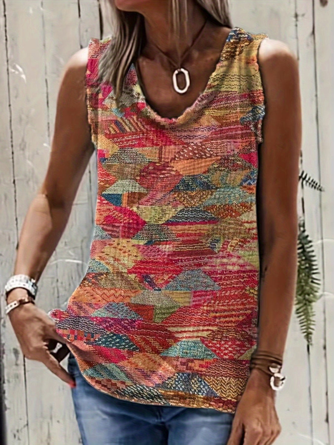 Western Geo Print Tank Top Sleeveless Crew Neck Casual Tops