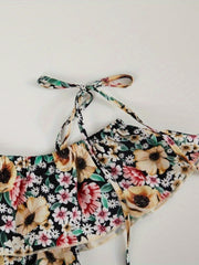 Girls Bohemian Floral Cold Shoulder Ruffle Summer Dress