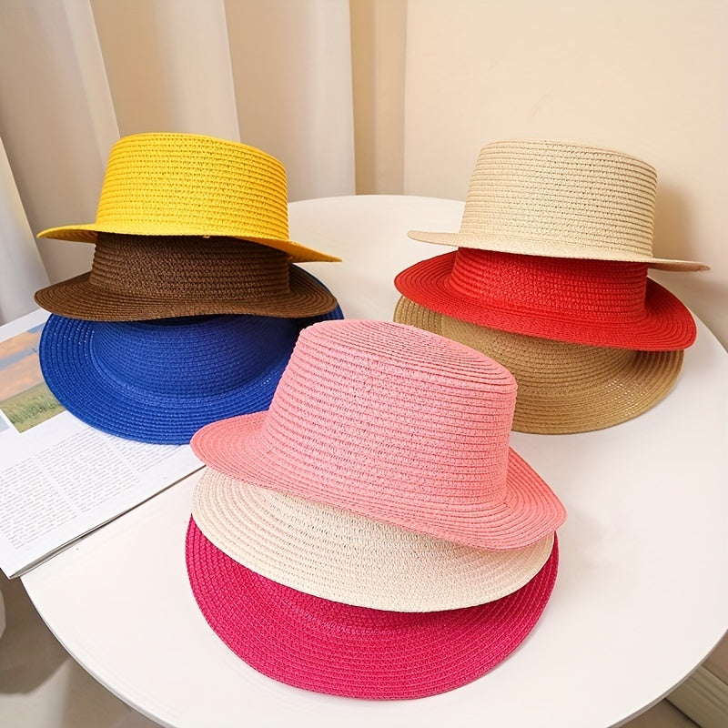 2pcs Candy Flat Top Fedora Straw Sun Hat Women's Spring Summer Travel