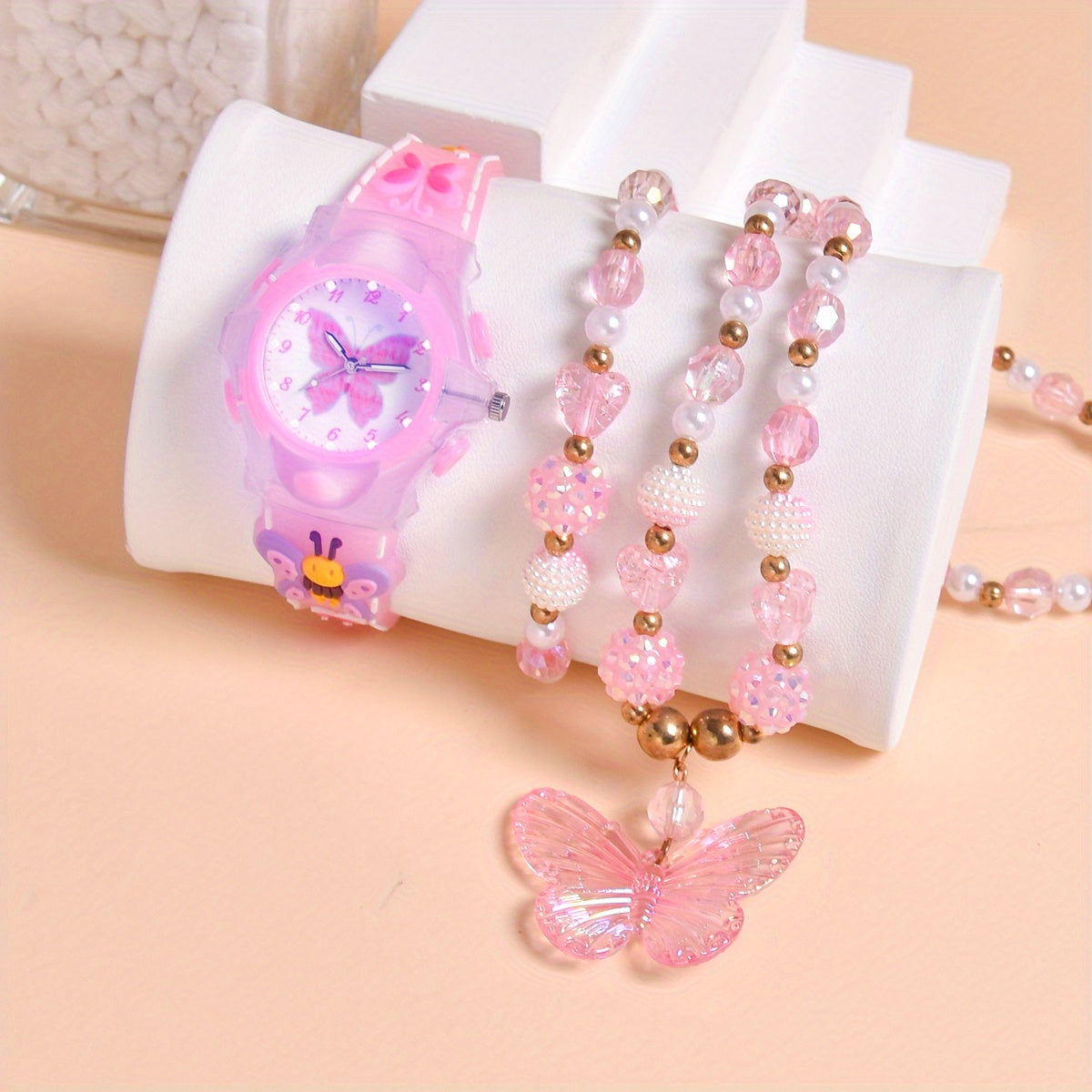 3pcs Butterfly Watch Set for Girls Pink Glow in Dark Quartz Wristwatch Necklace