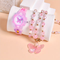 3pcs Butterfly Watch Set for Girls Pink Glow in Dark Quartz Wristwatch Necklace