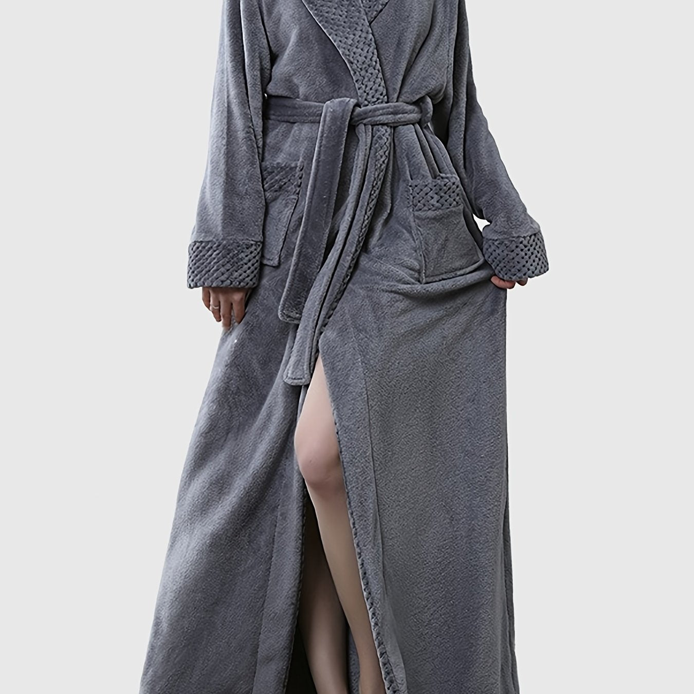 Cozy Long Sleeve Fuzzy Night Robe with Belt & Pockets