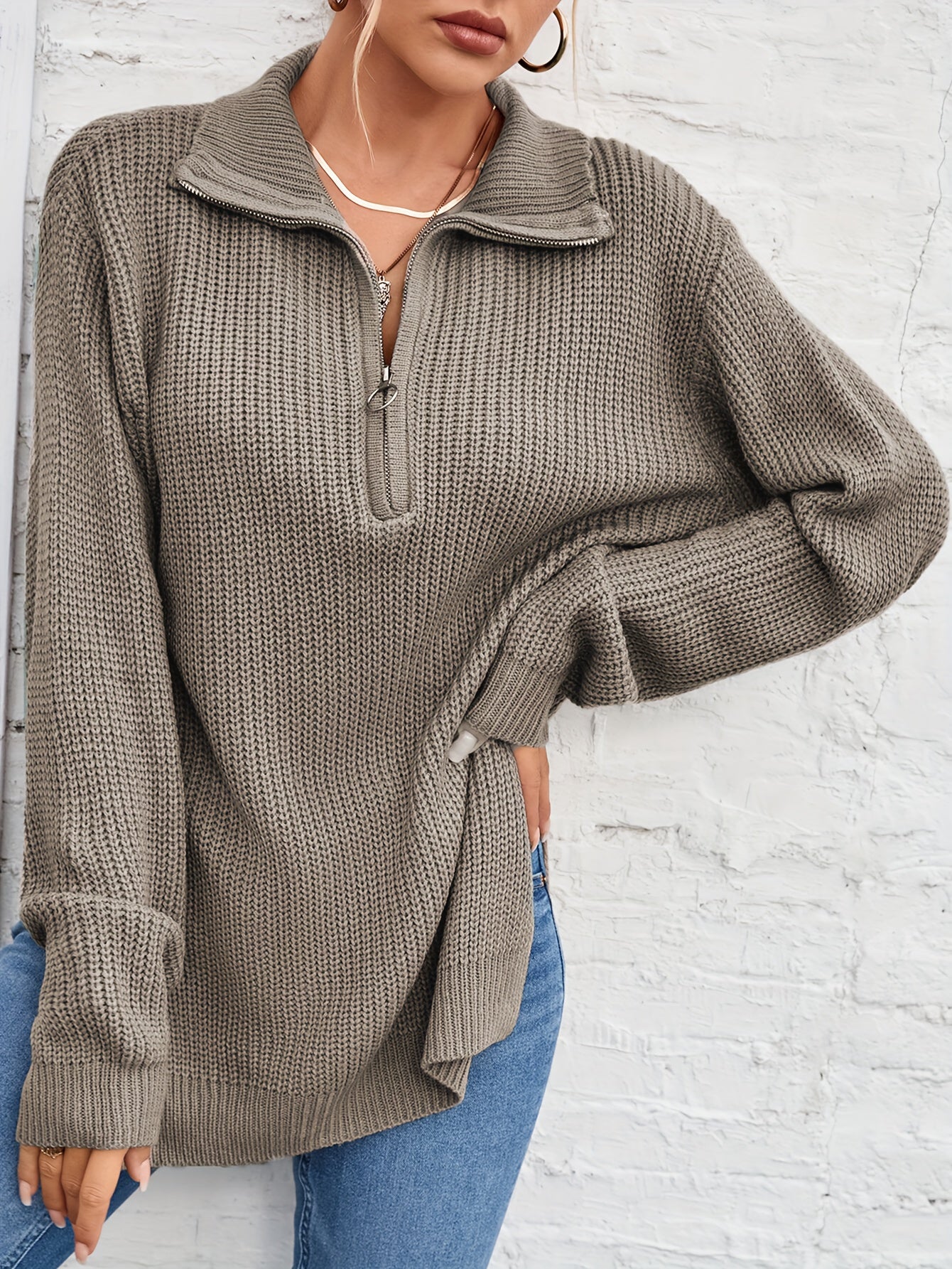 Long Sleeve Half Zip Side Slit Sweater for Winter & Fall