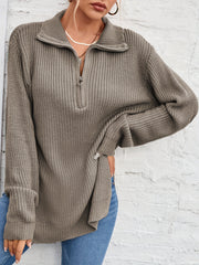 Long Sleeve Half Zip Side Slit Sweater for Winter & Fall
