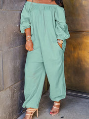 Solid Off Shoulder Jumpsuit Casual Long Sleeve Jumpsuit