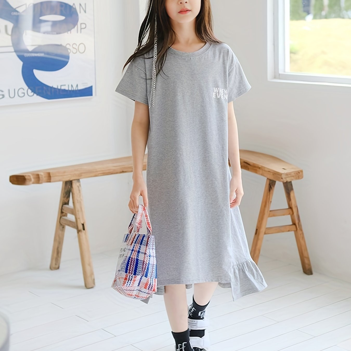 Girl's Cotton Tee Dress Short Sleeve Crew Neck Dress For Summer