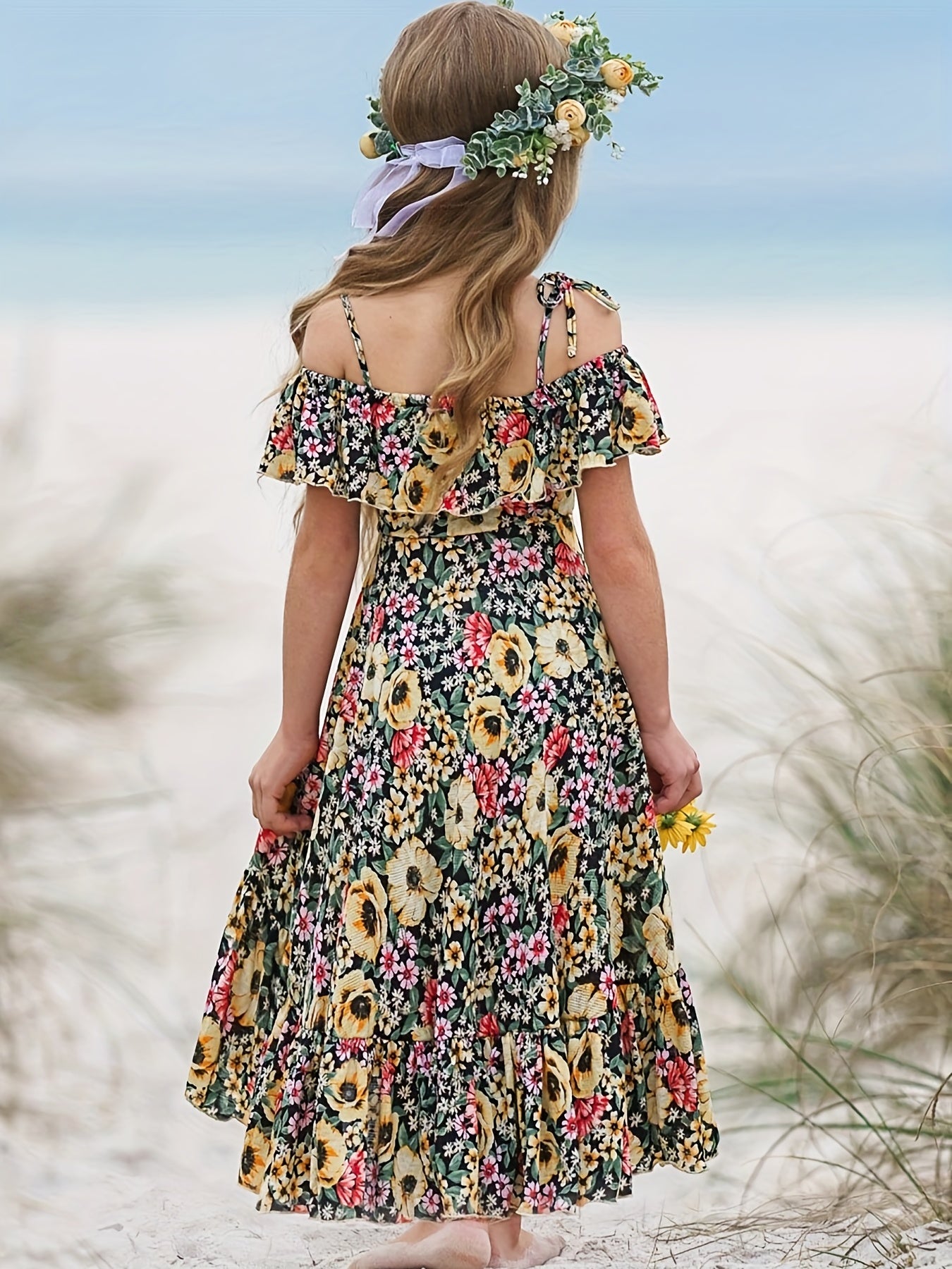 Girls Bohemian Floral Cold Shoulder Ruffle Summer Dress