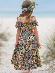 Girls Bohemian Floral Cold Shoulder Ruffle Summer Dress