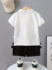 Boys Dinosaur Graphic Polo Shirt & Shorts Set Kids Summer Clothes
