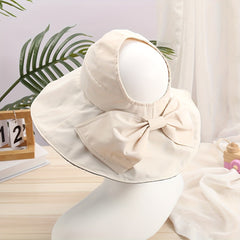 Backless Ponytail Bowknot Sun Hat Wide Brim Solid Casual Beach Hats Cotton Sunsc