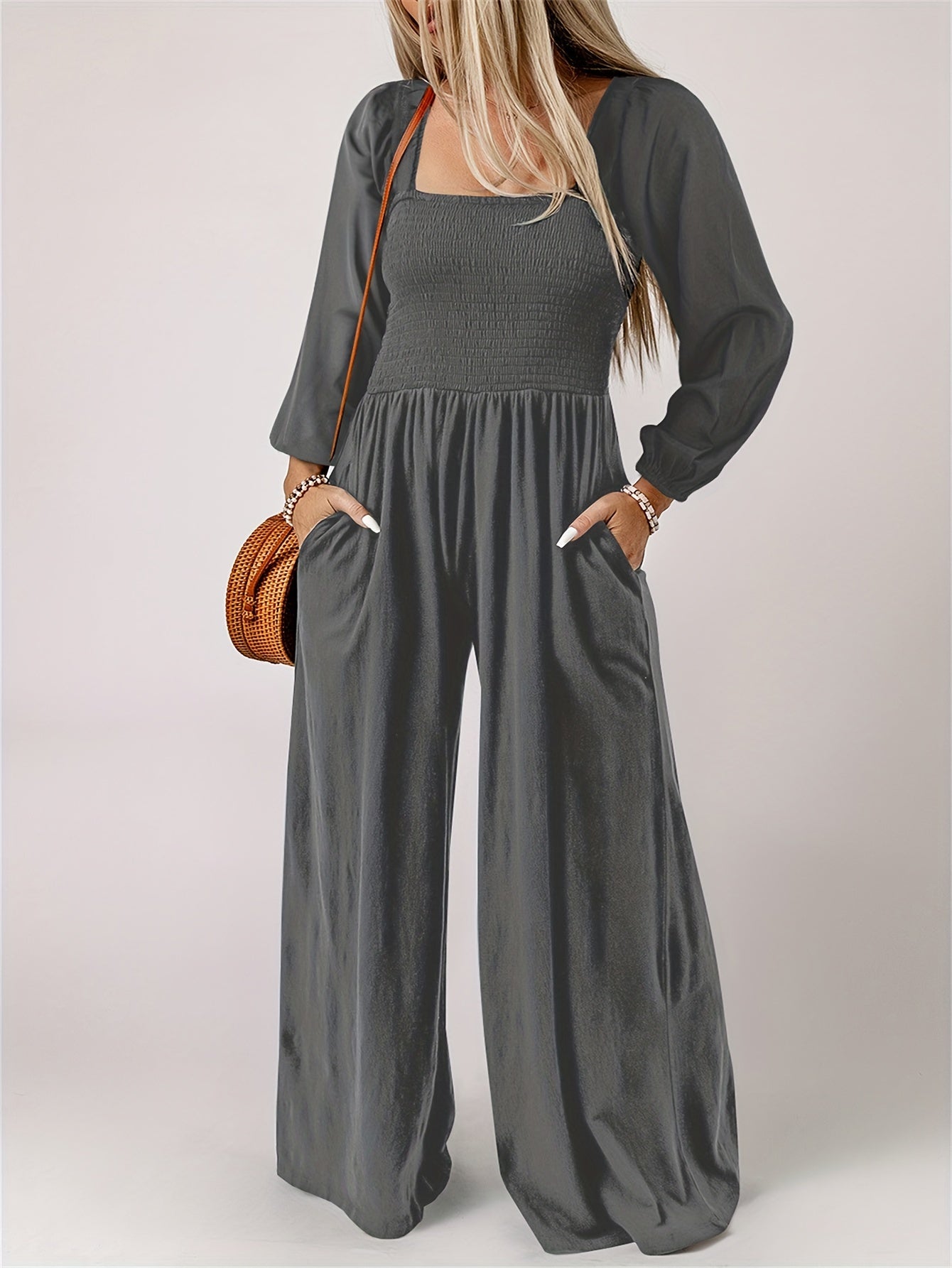 Solid Shirred Long Sleeve Wide Leg Jumpsuit