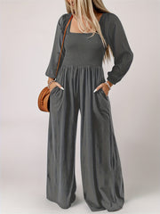 Solid Shirred Long Sleeve Wide Leg Jumpsuit