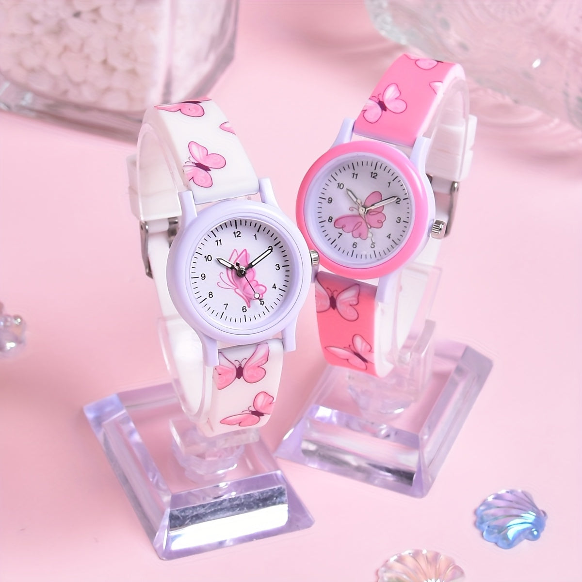 2pcs Butterfly Silicone Band Girls' Watch Set Non Waterproof Analog Quartz