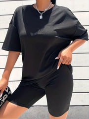 2pcs Casual Sports Suit Crew Neck Sports Tee & Shorts
