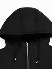 Hooded Full Zipper Coat Warm Mid Length Pocket Outerwear