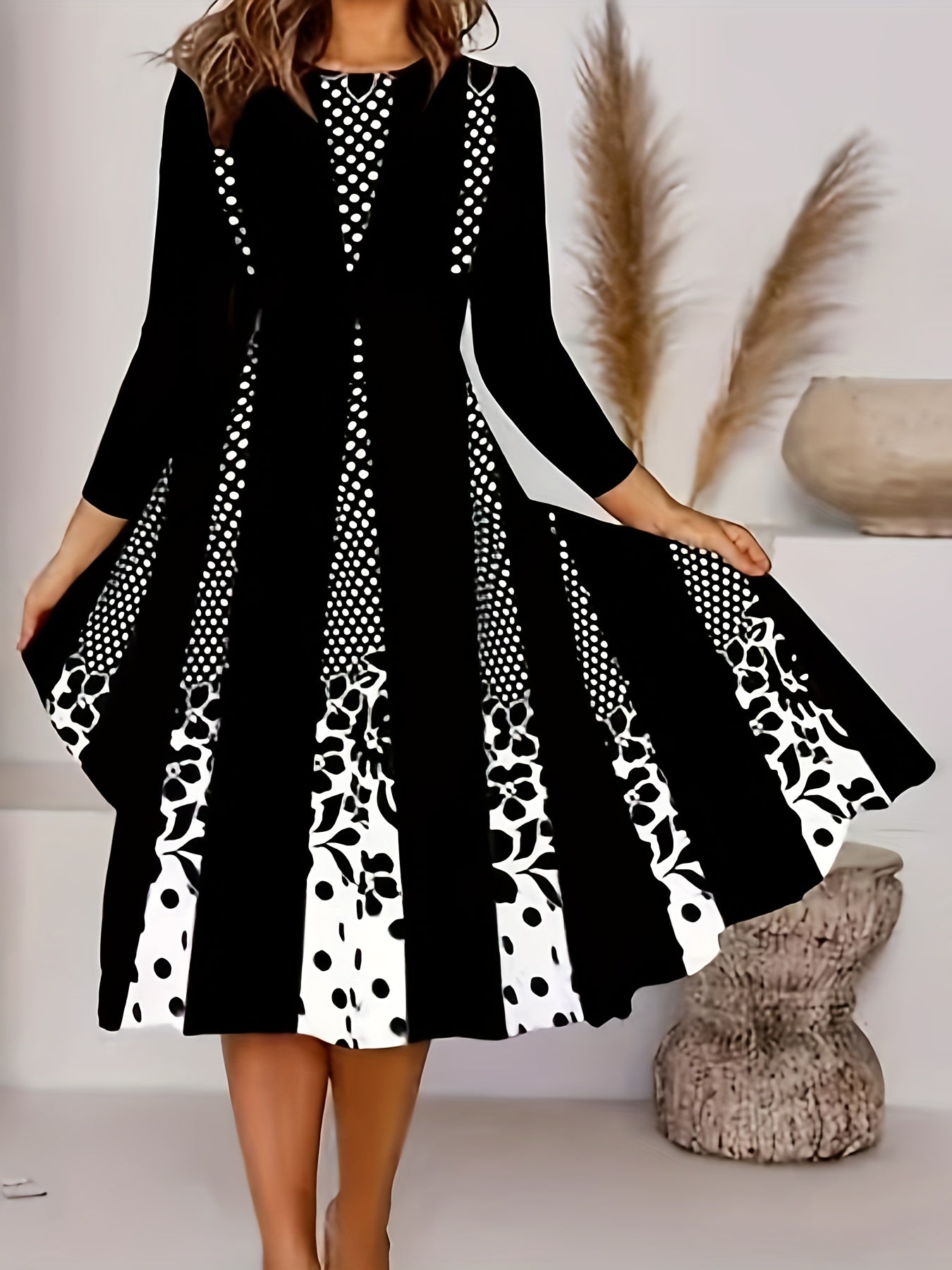 Colorblock Floral & Dot Print Long Sleeve Dress