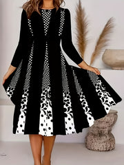 Colorblock Floral & Dot Print Long Sleeve Dress