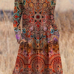 Boho Dress Women's Plus Floral Print Long Sleeve Dress With Pockets