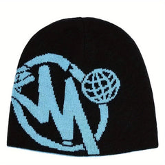 Reversible Letter Jacquard Beanie Hip Hop Knitted Skull Hat Double Warm Knit Hat