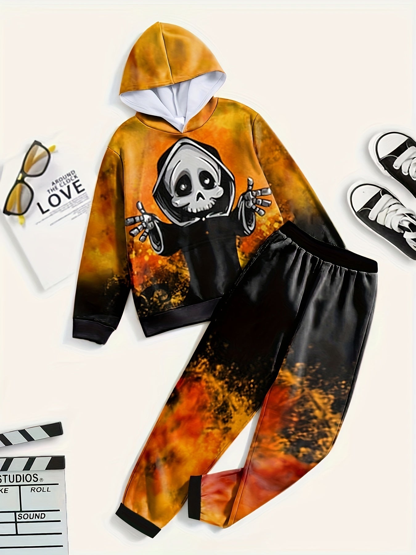 2pcs Skeleton Reaper Hoodies Jogger Pants Halloween Kids