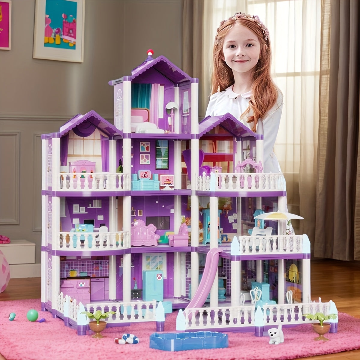 13-Room Dollhouse Villa Pink/Purple 3-Level Toy House Durable Plast