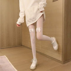 Bowknot Splice Pantyhose High Waist Semi Sheer Footed Slim Fit Stocking