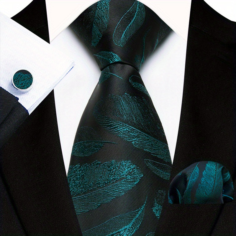 Men's Floral Plaid Necktie Handkerchief Clip Set