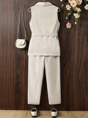 Girls 2pcs Vest With Belt & Elastic Waist Pants Set Solid Sleeveless Blazer