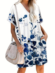 Floral Print Short Sleeve V Neck Dress