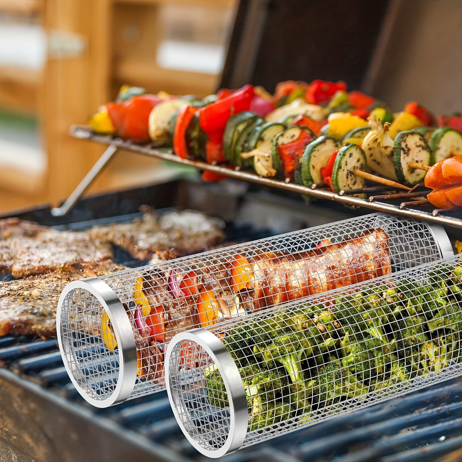Portable Rolling BBQ Basket for Veggies Fries Seafood Meat