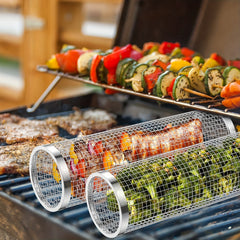 Portable Rolling BBQ Basket for Veggies Fries Seafood Meat