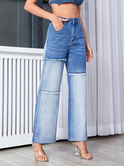 Frayed Patchwork Wide Leg Jeans High Rise Vintage Retro Loose Denim Pants