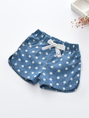 Girls Polka Dot Print Shorts with Lace Bow - Summer