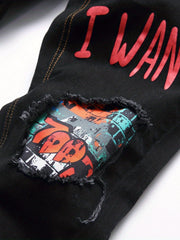 Boys Graffiti Ripped Jeans Slim Fit Denim Pants