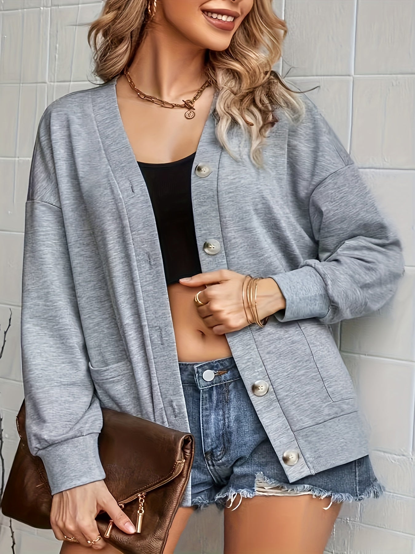Solid Long Sleeve Button Up Stretch Cardigan With Pockets