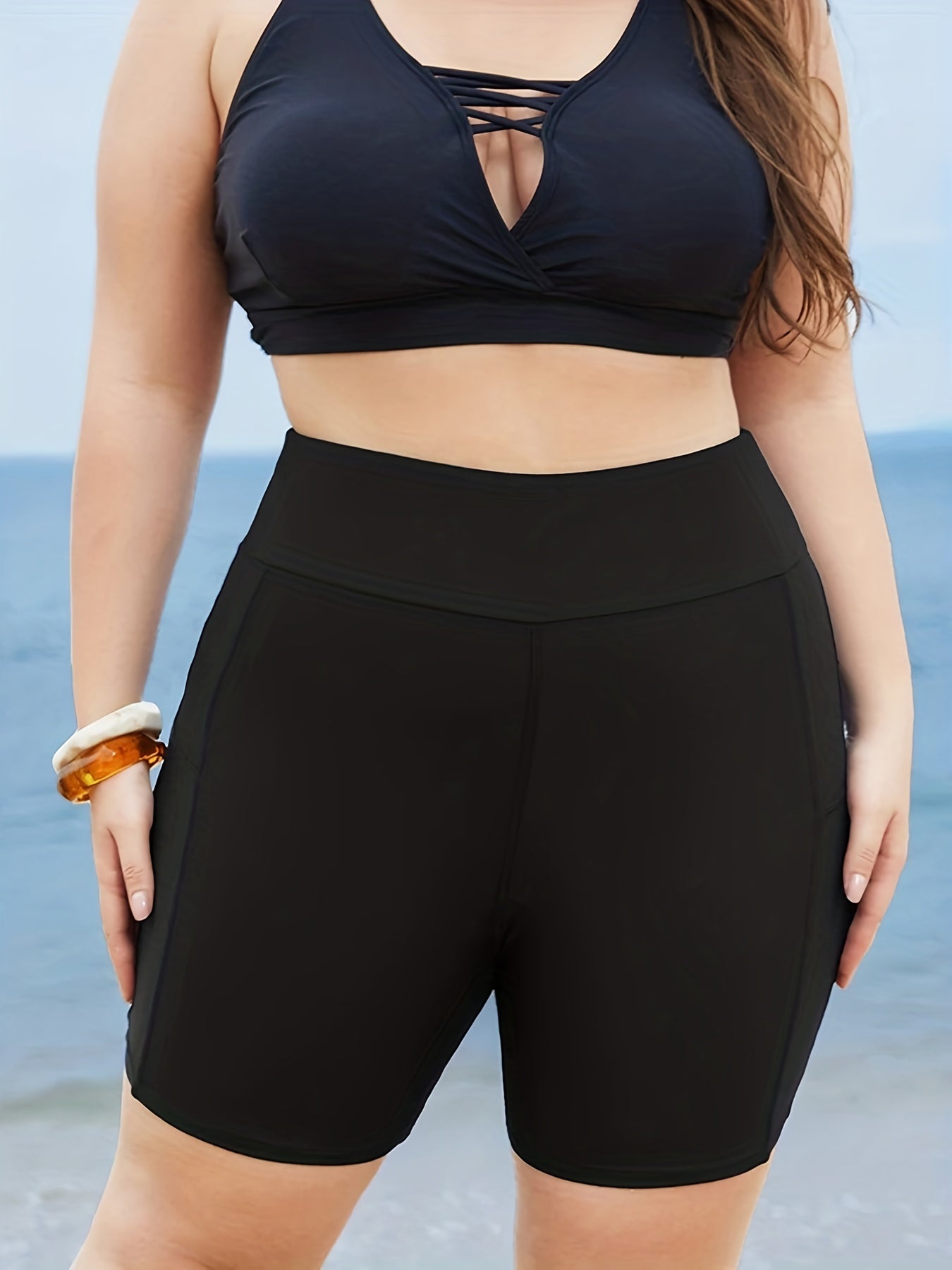 Modest Tankini Set Solid Bra & Shorts Swimsuit