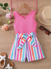 2pcs Toddler Girls Tank Top & Striped Shorts Set Summer Clothes