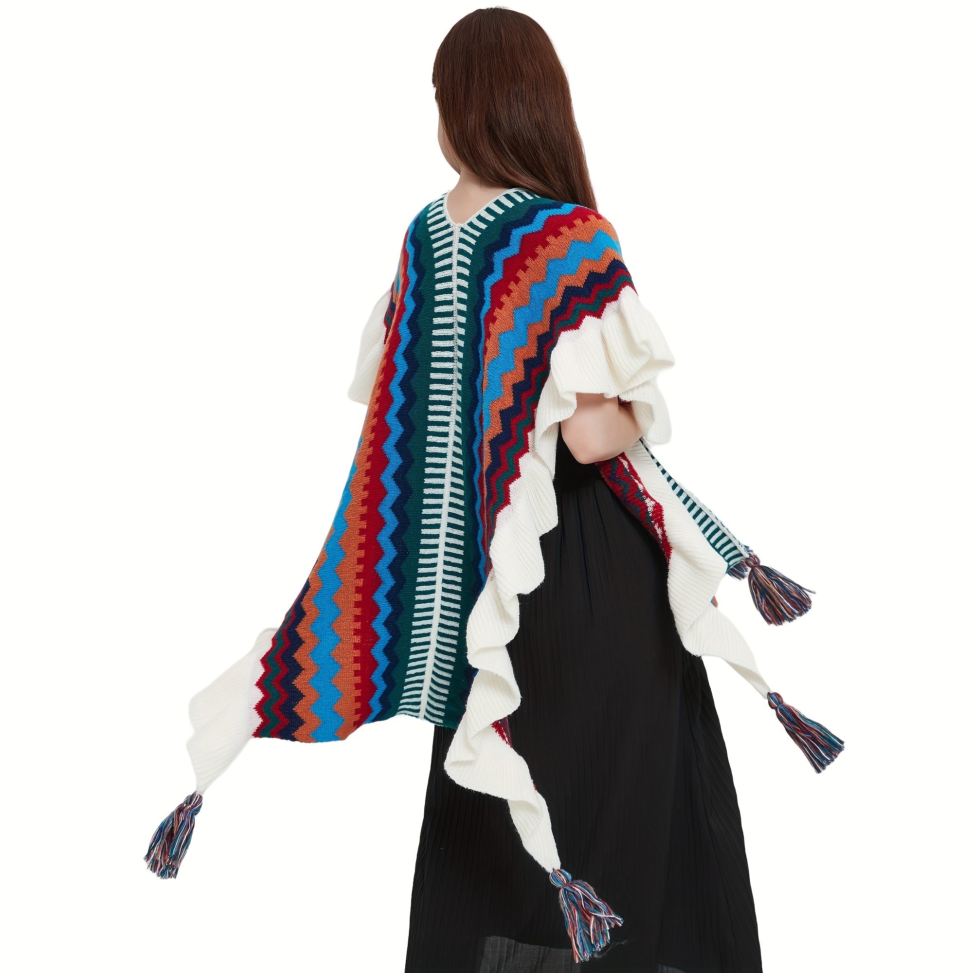 Boho Striped Large Shawl Classic Tassel Wrap Cape Ruffles Cardigan