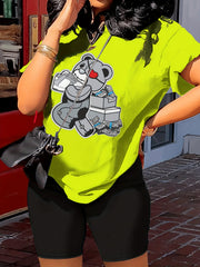 Cartoon Bear Print 2Pc Set Short Sleeve Casual Tee & Shorts Women's Clothing