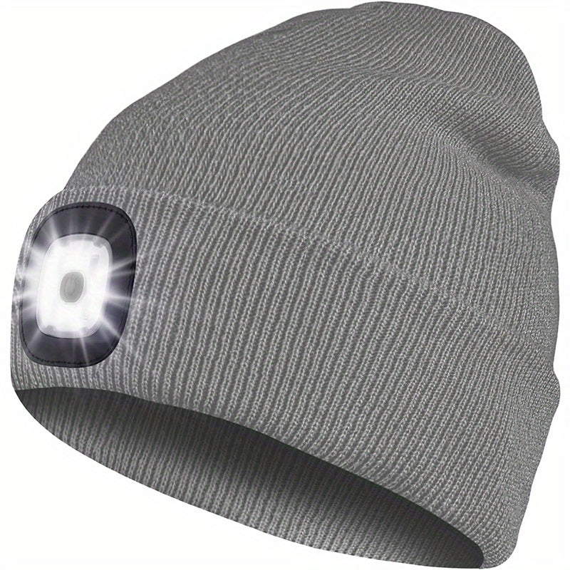 USB Rechargeable LED Beanie Hat - Hands-Free Winter Knitted Night Light Cap