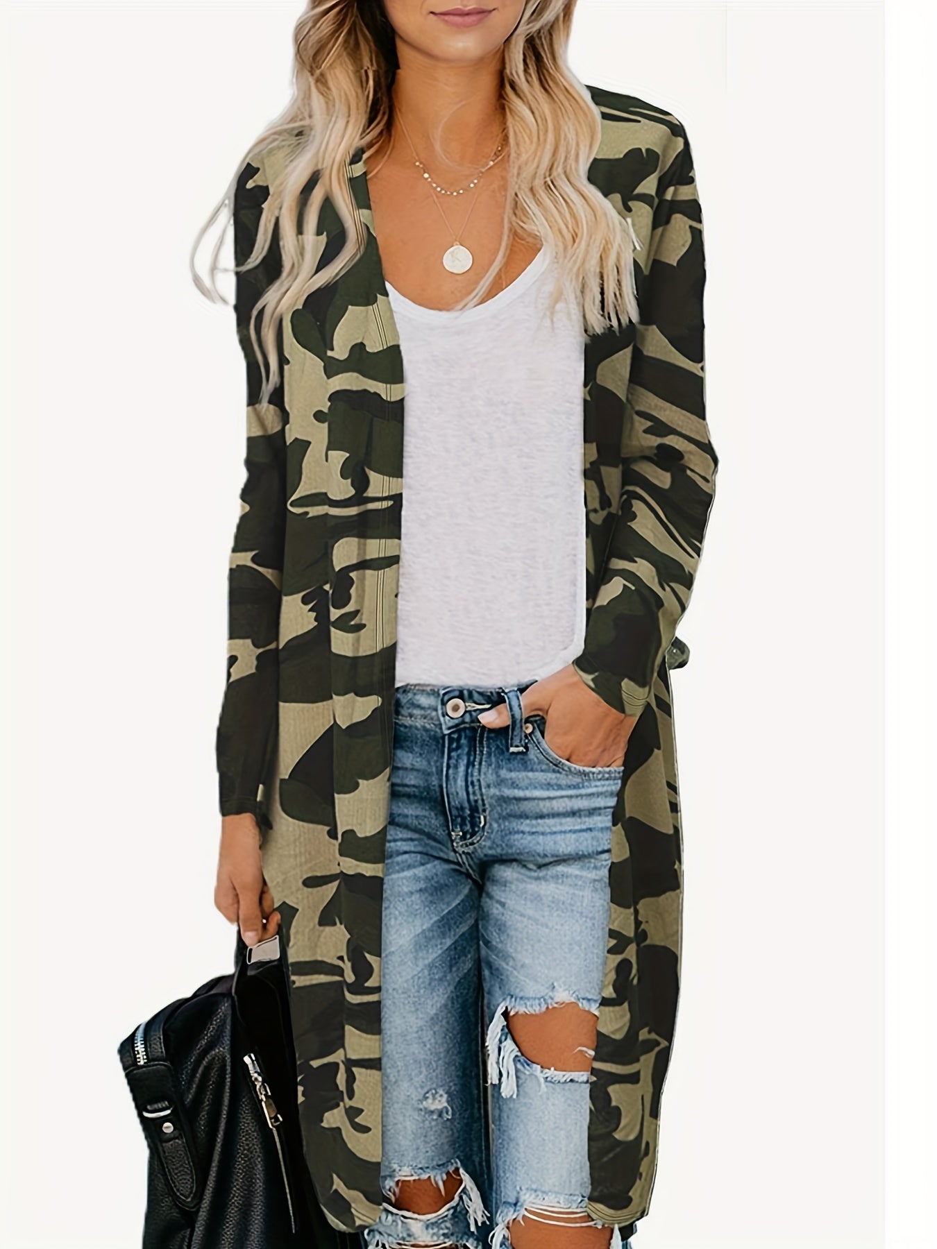 Casual Camo Print Cardigan Long Sleeve Open Front