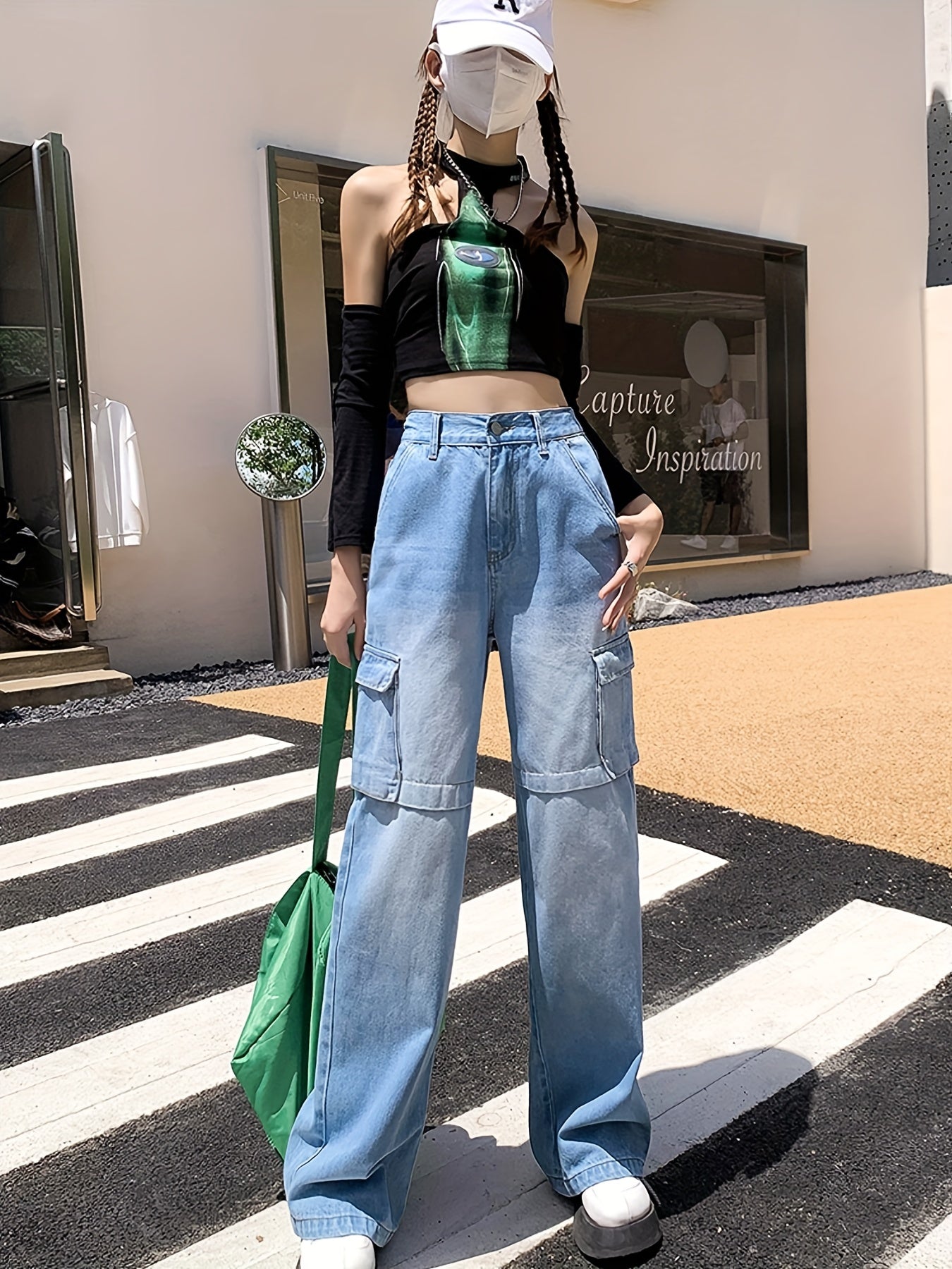 Embossed Cargo Jeans Elastic Waist Pop Style Denim Pants