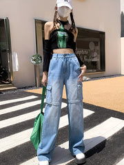 Embossed Cargo Jeans Elastic Waist Pop Style Denim Pants